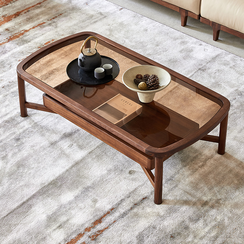 水墨兰亭黑胡桃意式极简玻璃茶几