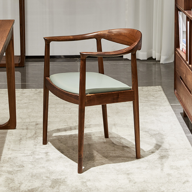 水墨兰亭北美黑胡桃木书椅实木真皮椅子书房家用带扶手靠背休闲椅