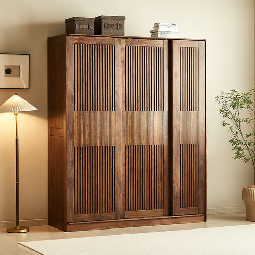 水墨兰亭黑胡桃木推拉门衣柜