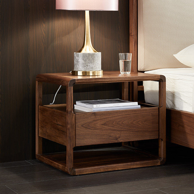 北美黑胡桃实木床头柜北欧简约现代创意卧室储物柜床边简易小柜子