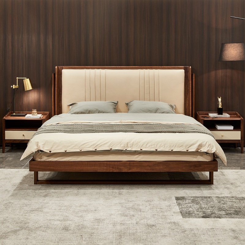 水墨兰亭黑胡桃木床主卧1.8新中式软包双人床轻奢床1.5真皮高靠背