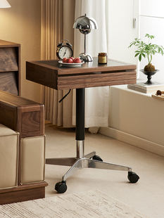 黑胡桃木可移动边几带轮可升降乌金石小边几床头柜沙发侧边柜整装