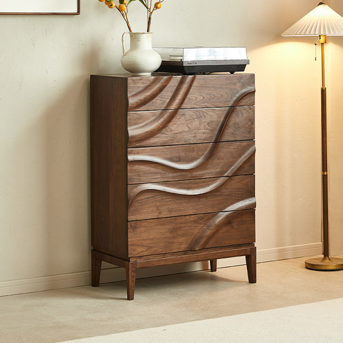 水墨兰亭黑胡桃木五斗柜