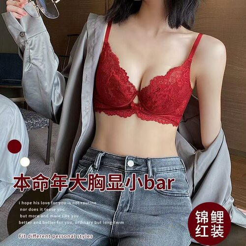 法式红蕾丝大胸显小文胸
