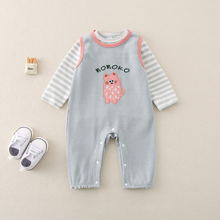 秋装 女宝宝套装 婴儿衣服洋气超萌条纹T恤背带连体裤 新款 2件套 秋季