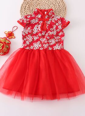 女童旗袍公主裙夏装儿童连衣裙宝宝纱裙大红花童生日喜庆过年礼服
