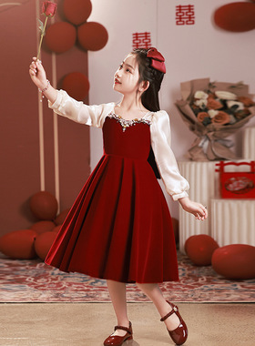 女童红色伴娘礼服指挥公主裙高端儿童主持人钢琴演奏演出服亲子装
