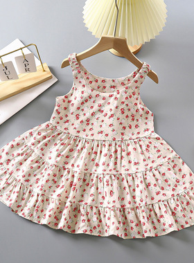 儿童吊带连衣裙女童夏季薄款绵绸裙子飞袖蛋糕裙洋气碎花裙