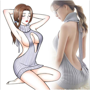 纯色露背毛衣女翻领开背工口无袖 女 系带漏肩性感薄针织衫