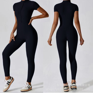 2024拉链短袖 裸感瑜伽锦胺面料女外穿健身运动连体紧身衣
