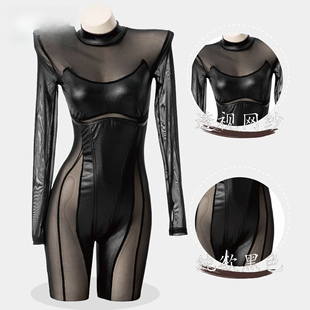 性感紧身黑色连体衣 拼接网纱长袖 欧美cosplay派对女装 夜店款