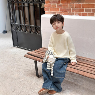 2025软纯色糯仿驼绒毛衣冬女童针织衫男洋气保暖破洞