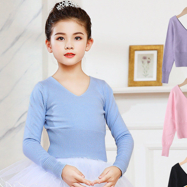 秋冬女童练功毛衣蓝色儿童舞蹈毛衣外套芭蕾舞高腰V领长袖衣披肩
