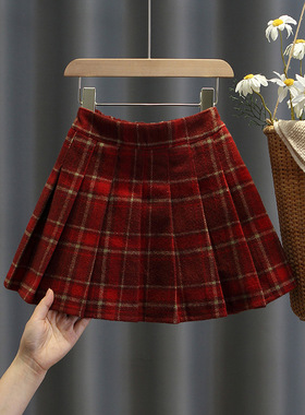 女童百褶裙秋冬红色格子毛呢半身裙新年服儿童学院风大童复古短裙