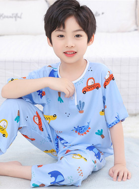 儿童夏天睡衣套装男童棉绸女童绵绸短袖长裤人造棉空调服夏季薄款