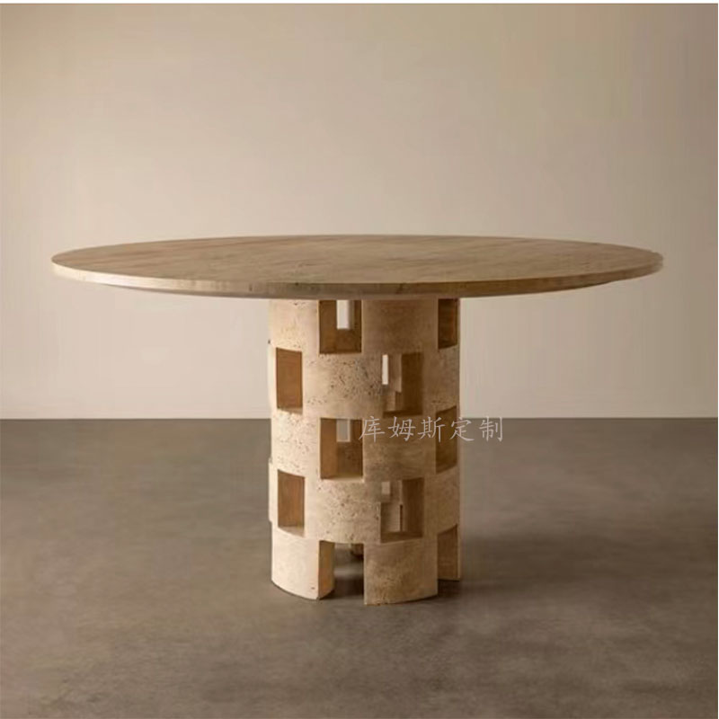 天然洞石餐桌侘寂风轻奢现代简约大理石客厅网红圆形家用圆桌