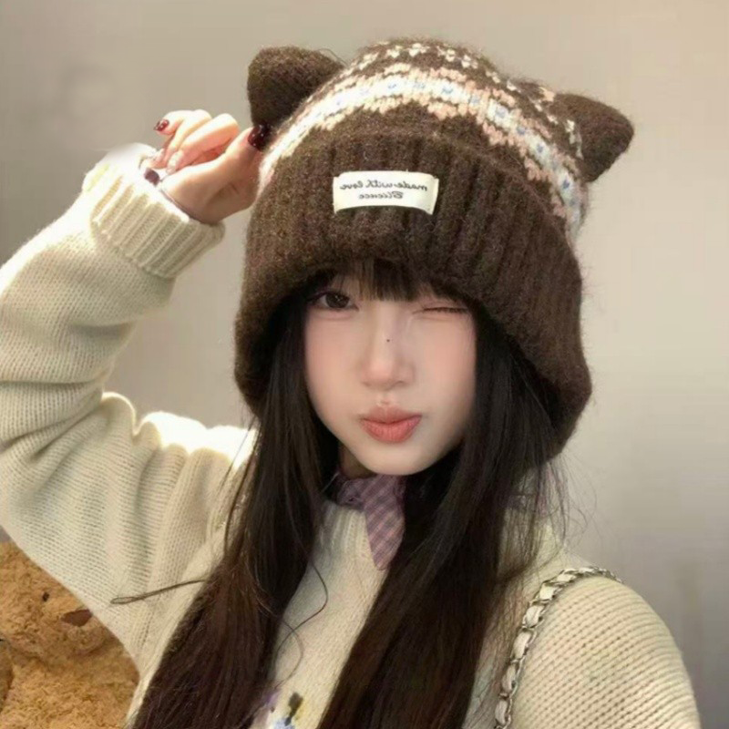 可爱猫耳朵费尔岛风毛线帽女款冬季加绒保暖包头帽显脸小针织帽子