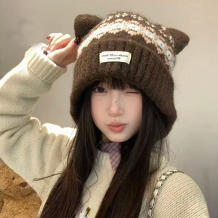 可爱猫耳朵费尔岛风毛线帽女款冬季加绒保暖包头帽显脸小针织帽子