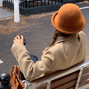 2025韩版~卷边羊毛渔夫帽女秋冬高级感帽子显脸小礼帽圆顶盆帽ins