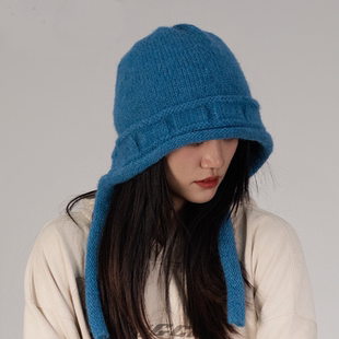 川西旅游蓝色绑带针织包头帽女秋冬季出游毛绒毛线帽显脸小帽子