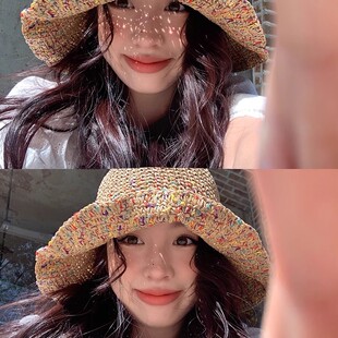 草编渔夫帽女2025夏季海边透气显脸小水桶帽大帽檐遮阳防晒草编
