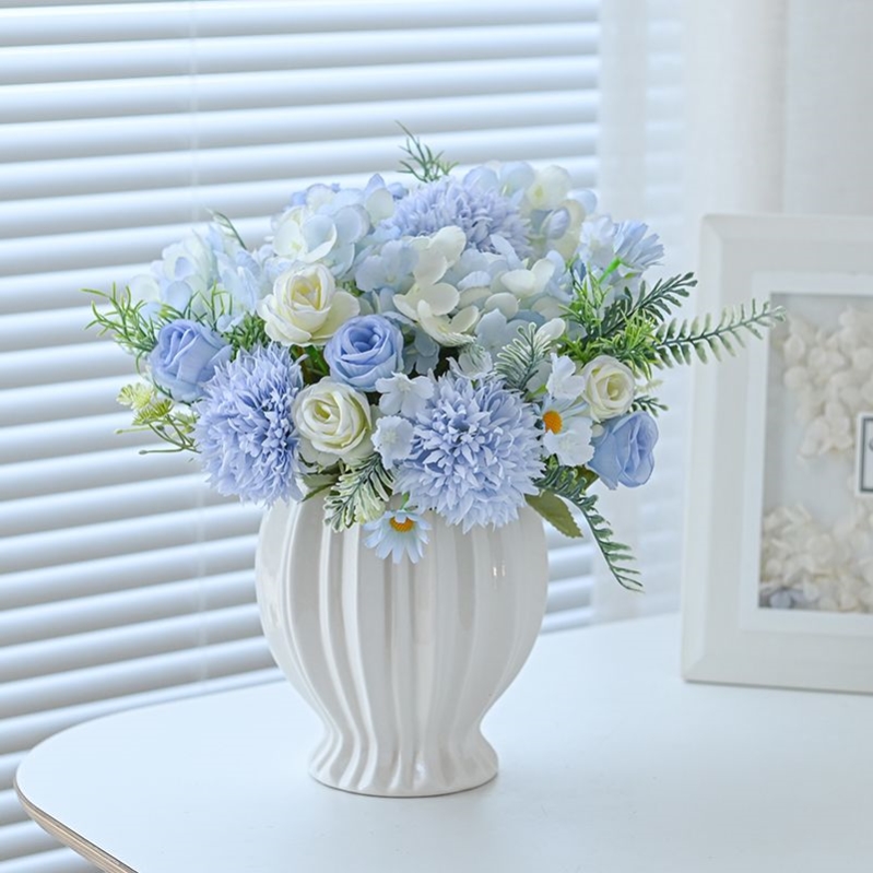 碎冰蓝玫瑰仿真花束绢花套装摆件客厅餐桌塑料假花干花盆栽摆设花