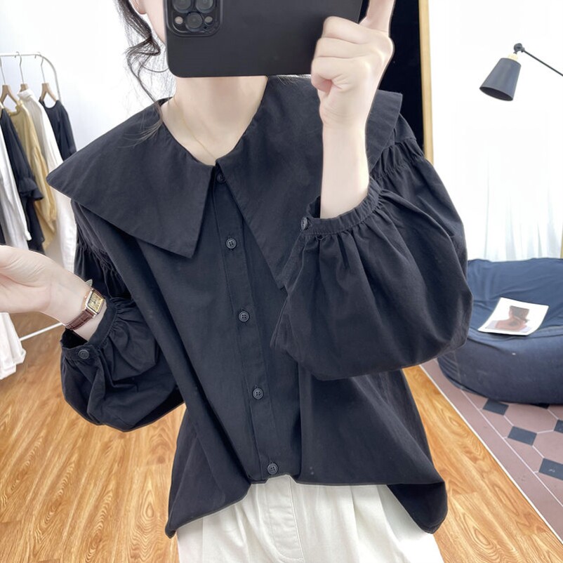 不规则娃娃领纯棉长袖衬衫女式春秋宽松减龄上衣打底衬衣