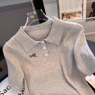 新款 女装 夏季 甜辣妹polo领针织衫 正肩上衣 小众设计感短袖 t恤修身