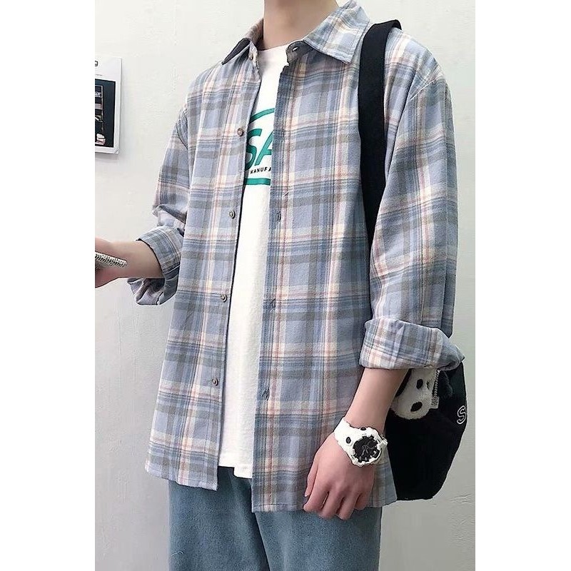 秋季新款衬衫男港风宽松长袖格子衬衫男韩版学生休闲衬衣情侣外套