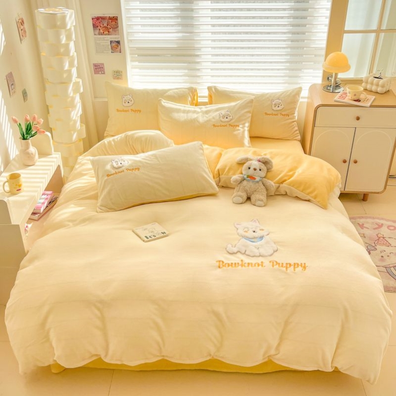 冬季兔毛绒贴布绣牛奶绒四件套加厚珊瑚法兰绒被套床单宿舍三件套