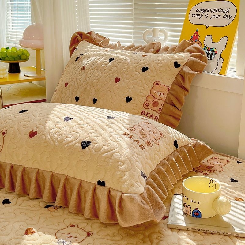 加厚牛奶绒夹棉枕套一对装花边枕头套保暖枕芯套单人枕皮加绒