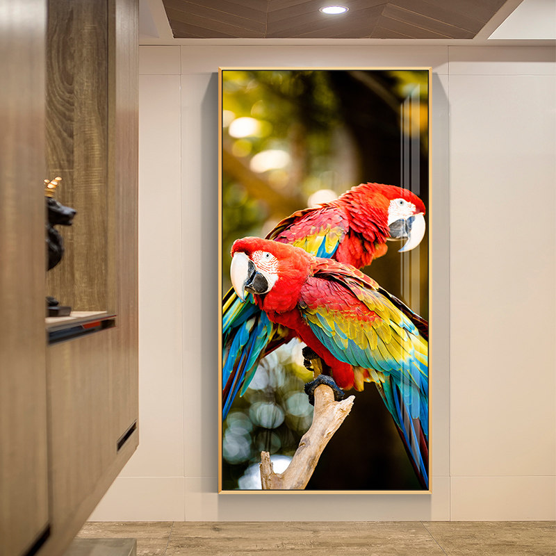红绿金刚鹦鹉晶瓷玄关装饰画挂画现代背景墙竖版走廊飞鸟挂画壁画