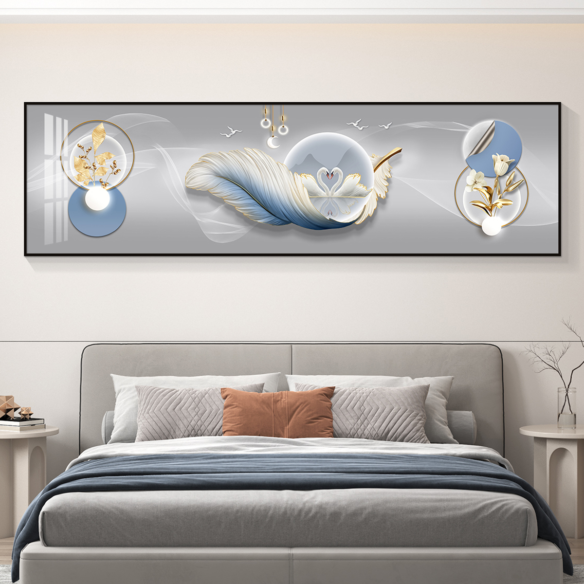 轻奢床头卧室装饰画画主卧房间背景墙挂画画壁画画简约现代天鹅横