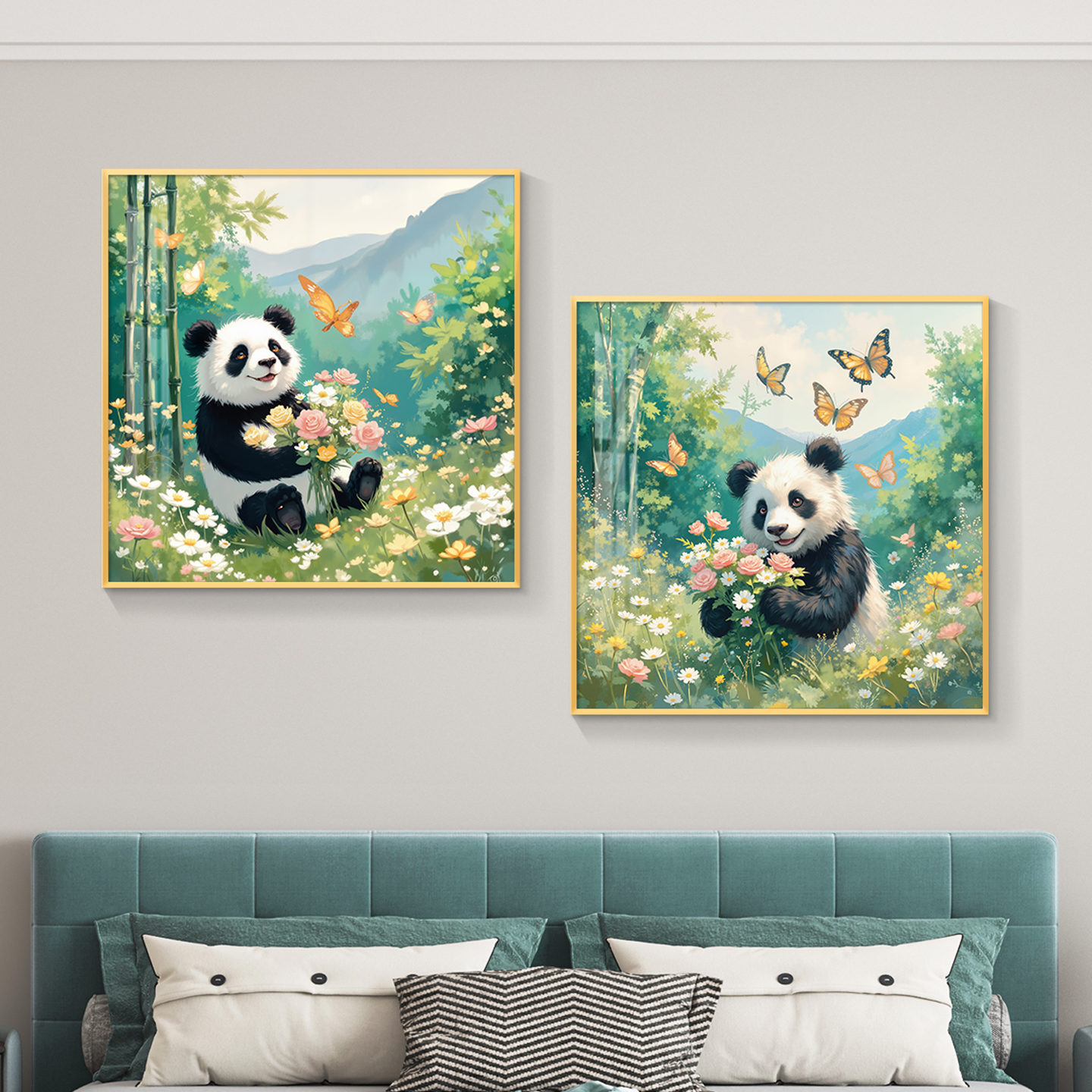 轻奢正方形儿童房装饰画卧室房间挂画壁画简约现代高级感卡通熊猫图片