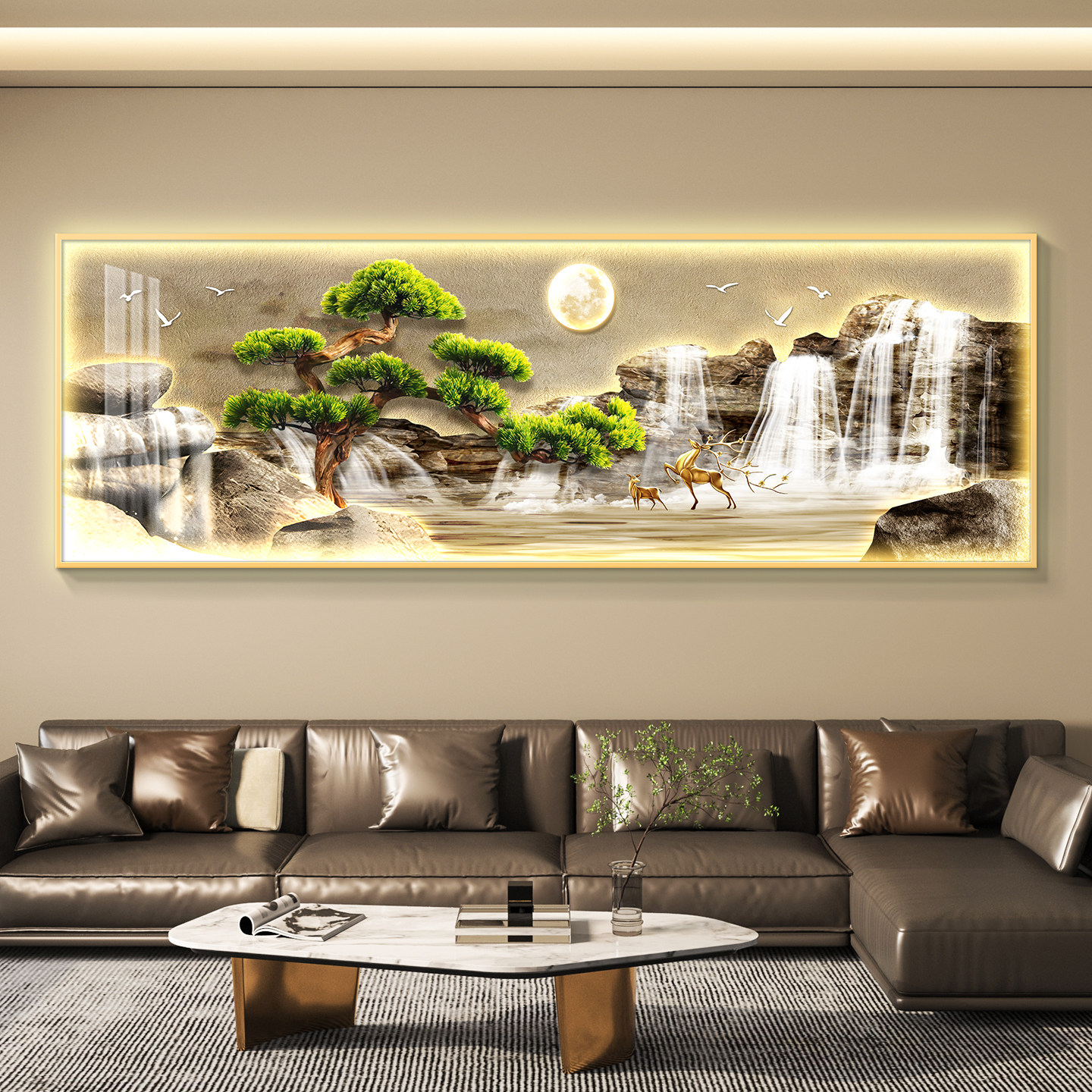led带灯轻奢客厅装饰画沙发背景墙挂画壁画简约现代高级感山水画
