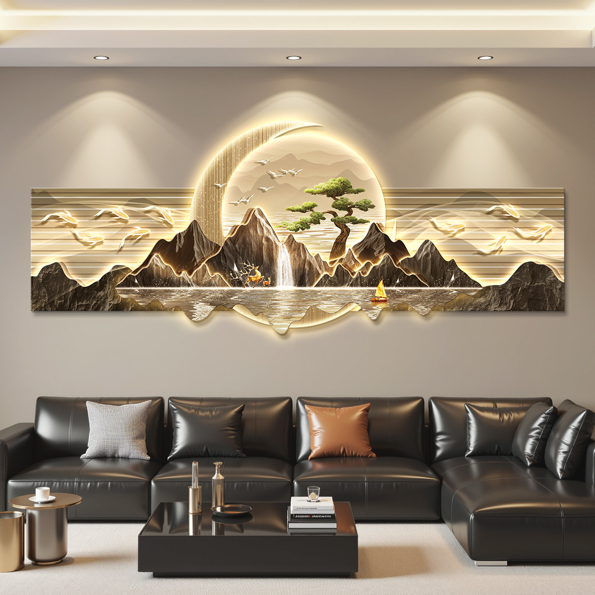 轻奢led带灯客厅装饰画沙发背景墙挂画壁画简约现代高级感九鱼图