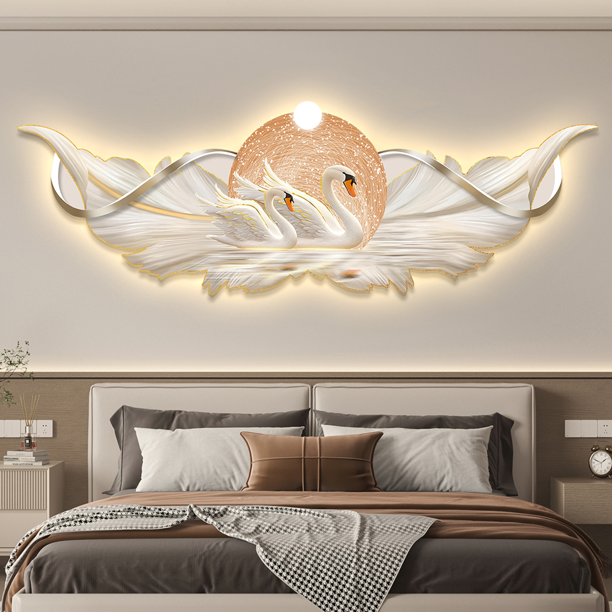 轻奢led带灯天鹅卧室床头装饰画主卧房间挂画壁画简约现代高级感