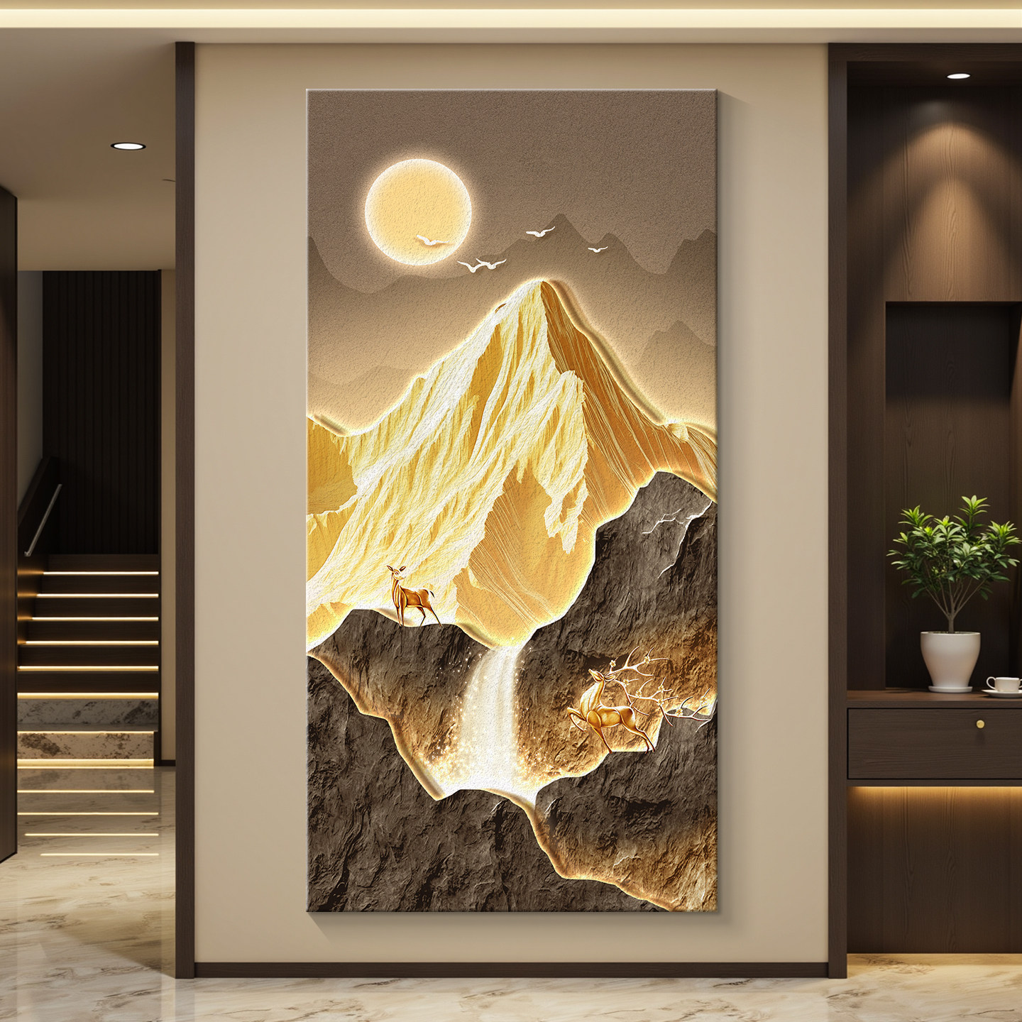 轻奢入户进门玄关装饰画走廊过道挂画壁画现代简约高级感立体砂岩