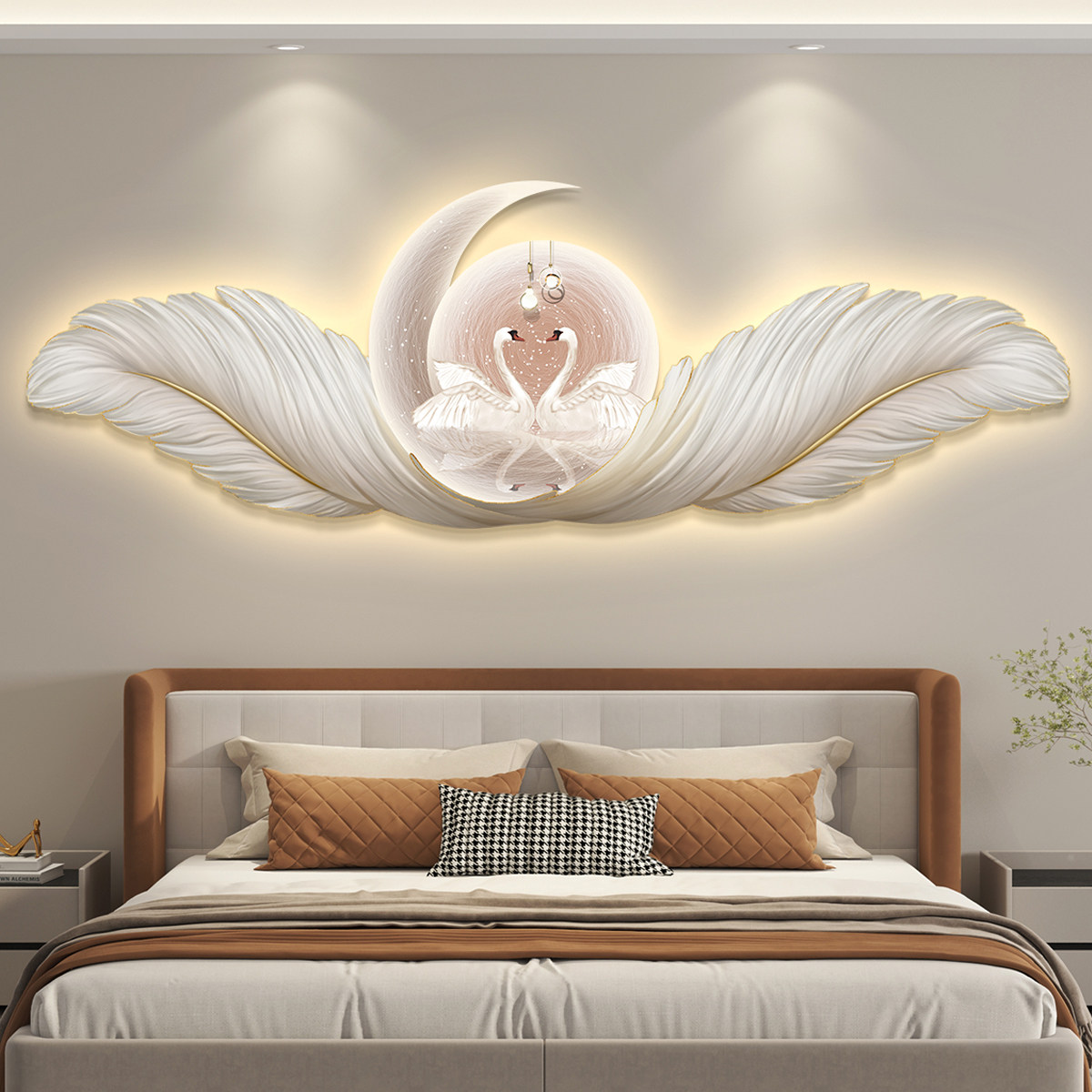 轻奢led带灯卧室床头装饰画主卧房间挂画壁画简约现代天鹅高级感