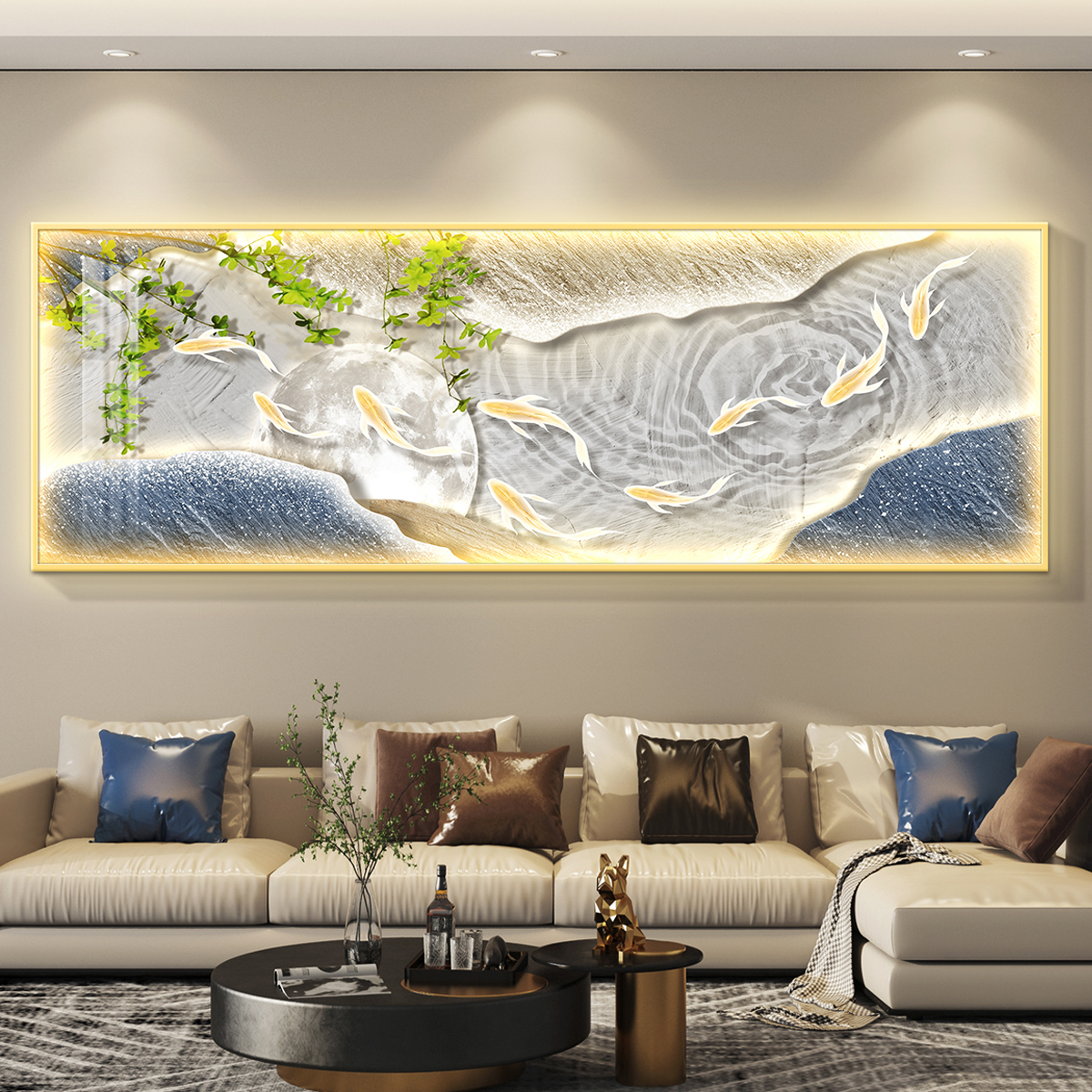 九鱼图led带灯轻奢客厅装饰画沙发背景墙挂画壁画简约现代高级感图片