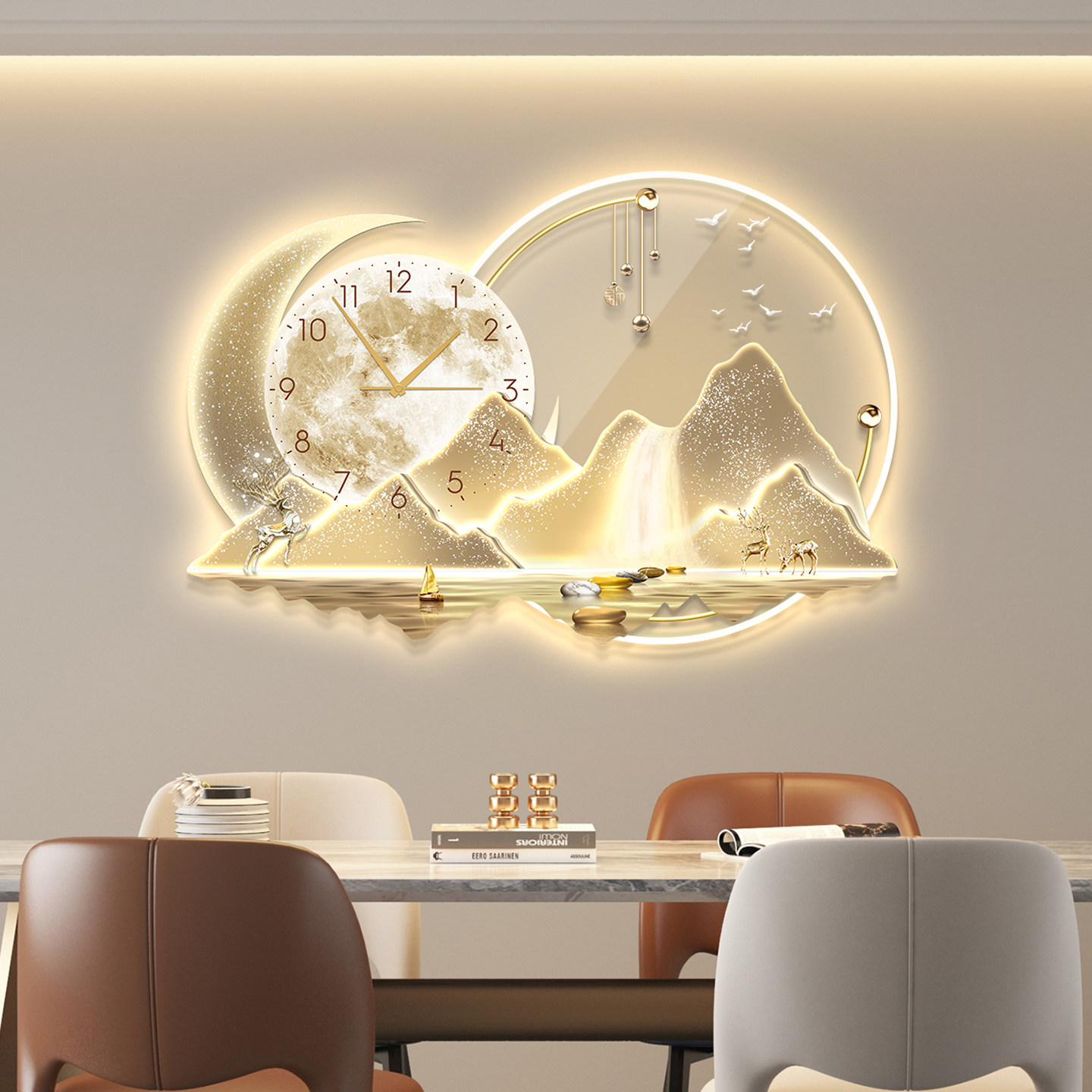 轻奢led带灯饭厅装饰画饭厅背景墙挂画壁画简约现代高级感带钟表
