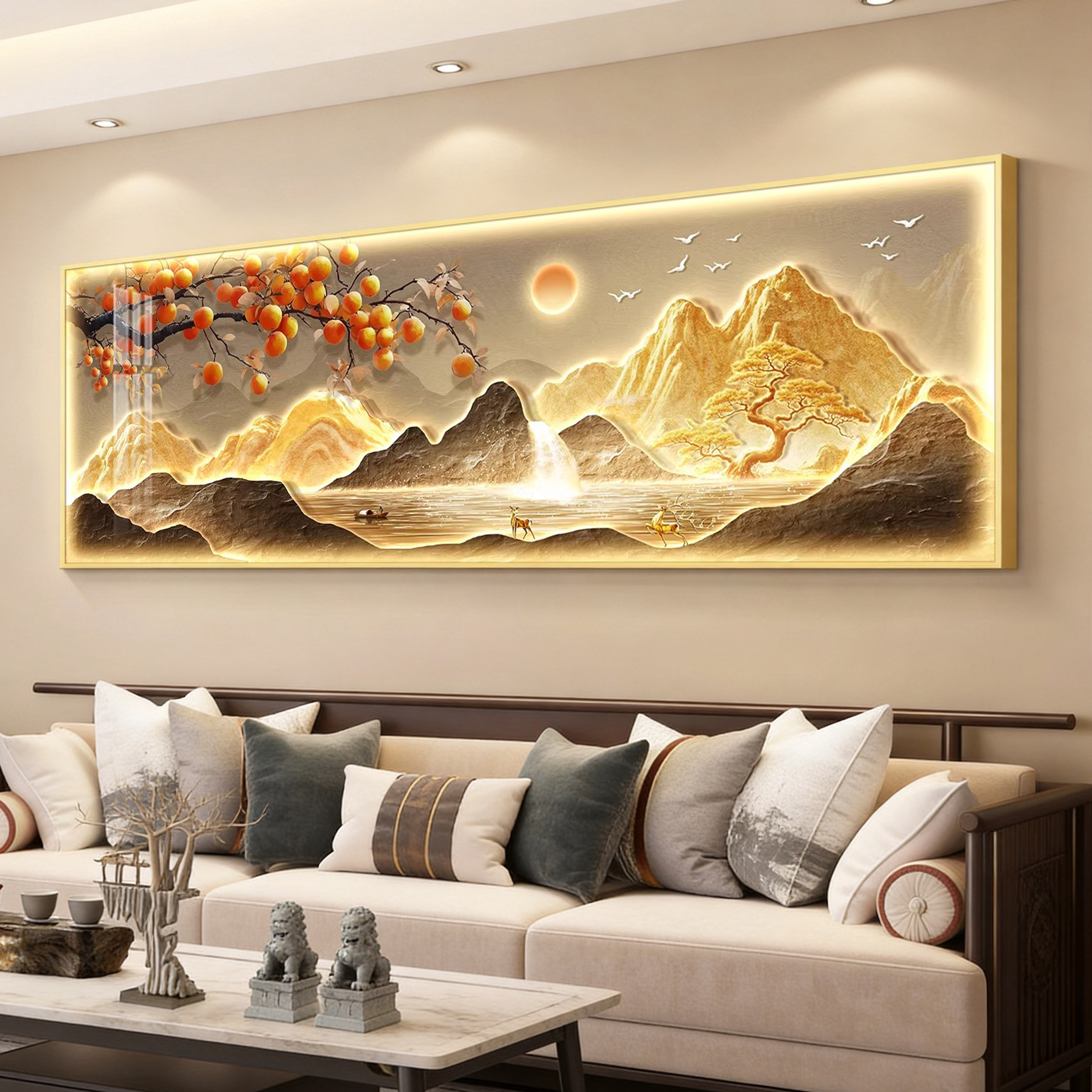 led带灯轻奢客厅装饰画沙发背景墙挂画壁画简约现代高级感山水画