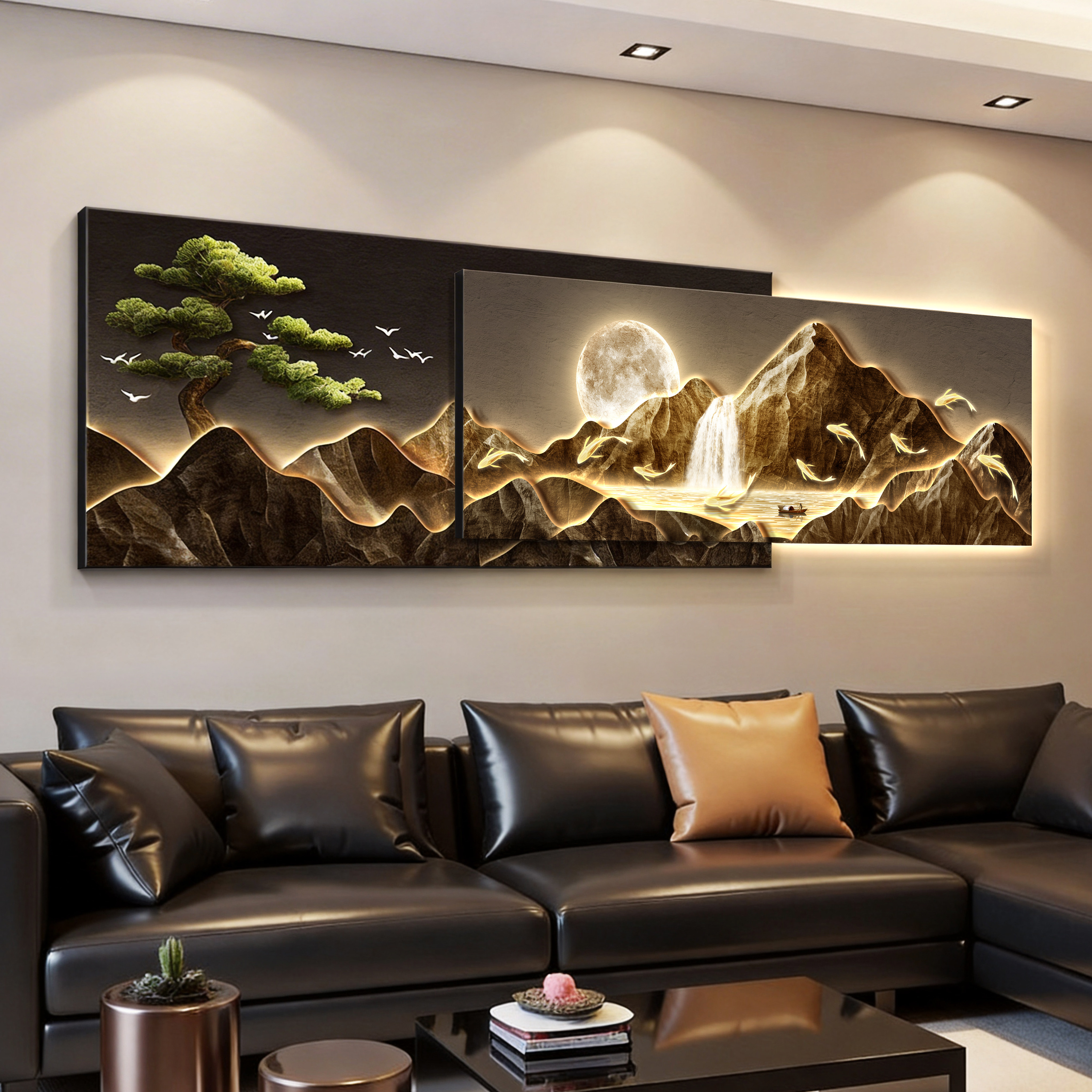 轻奢led带灯客厅装饰画沙发背景墙挂画壁画现代简约高级感山水画