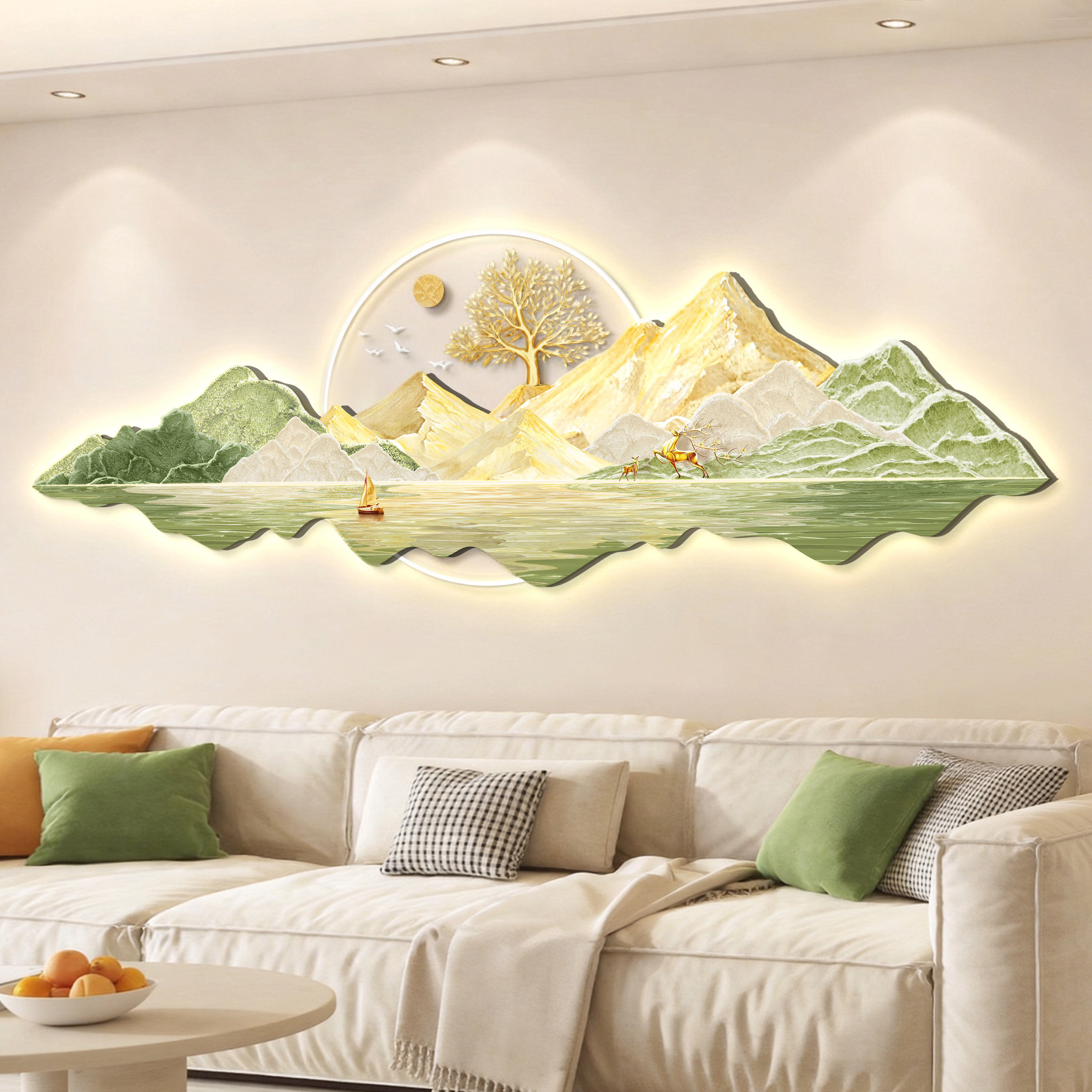 奶油风轻奢led带灯客厅装饰画沙发背景墙挂画壁画现代简约高级感图片