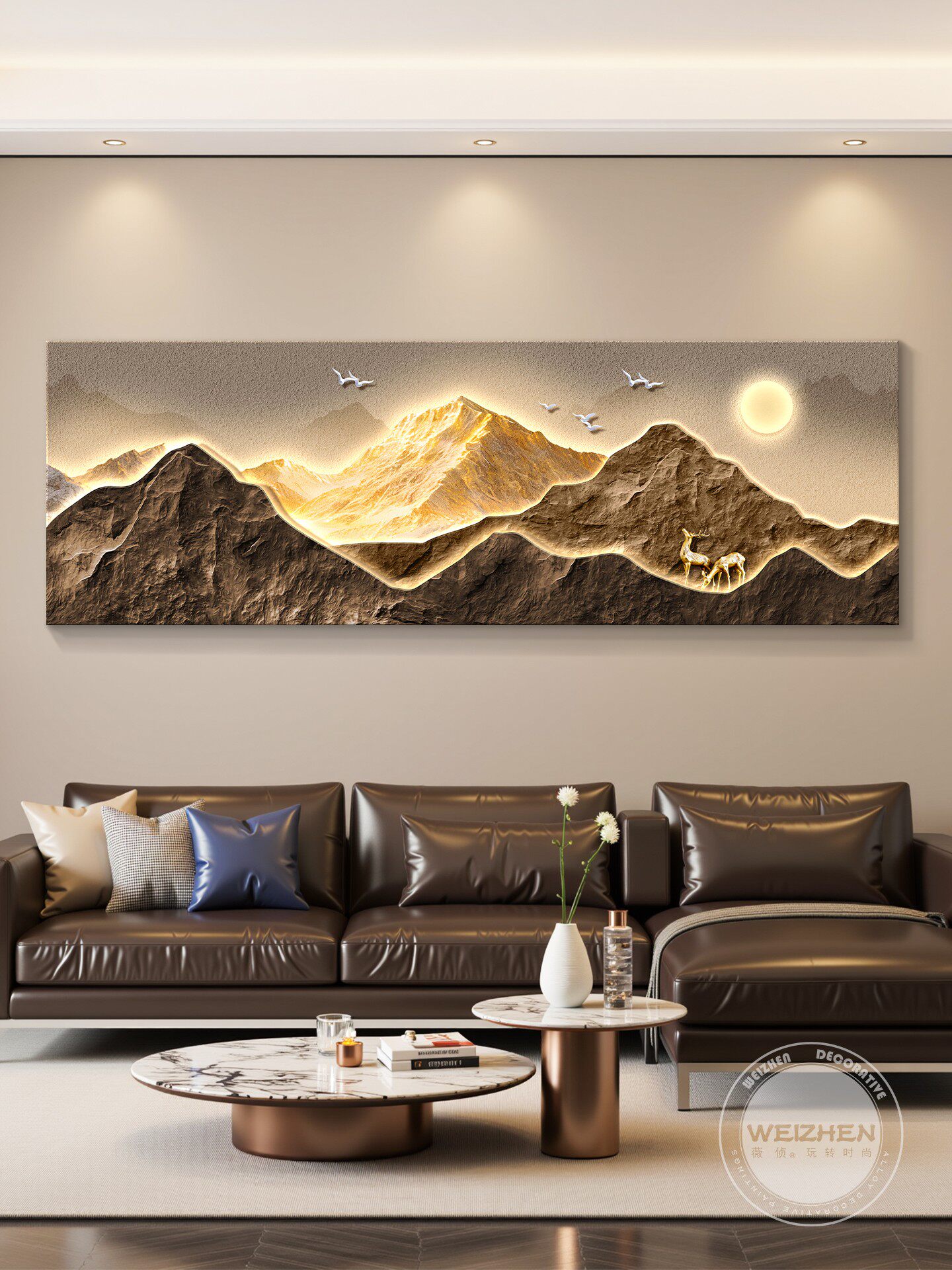 轻奢客厅装饰画沙发背景墙挂画壁画现代简约高级感立体砂岩山水画