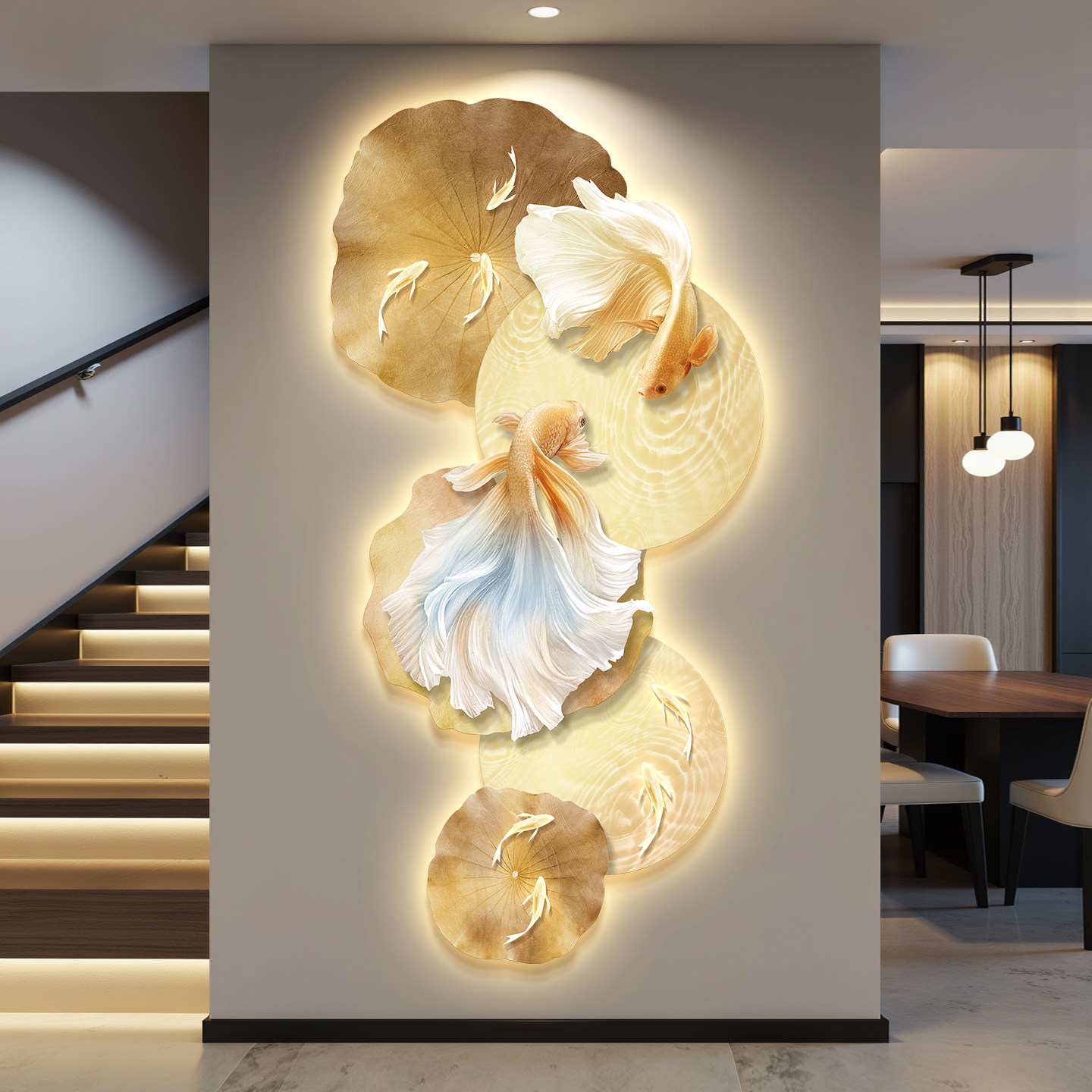 轻奢led灯入户玄关装饰画走廊过道挂画壁画简约现代高级感九鱼图