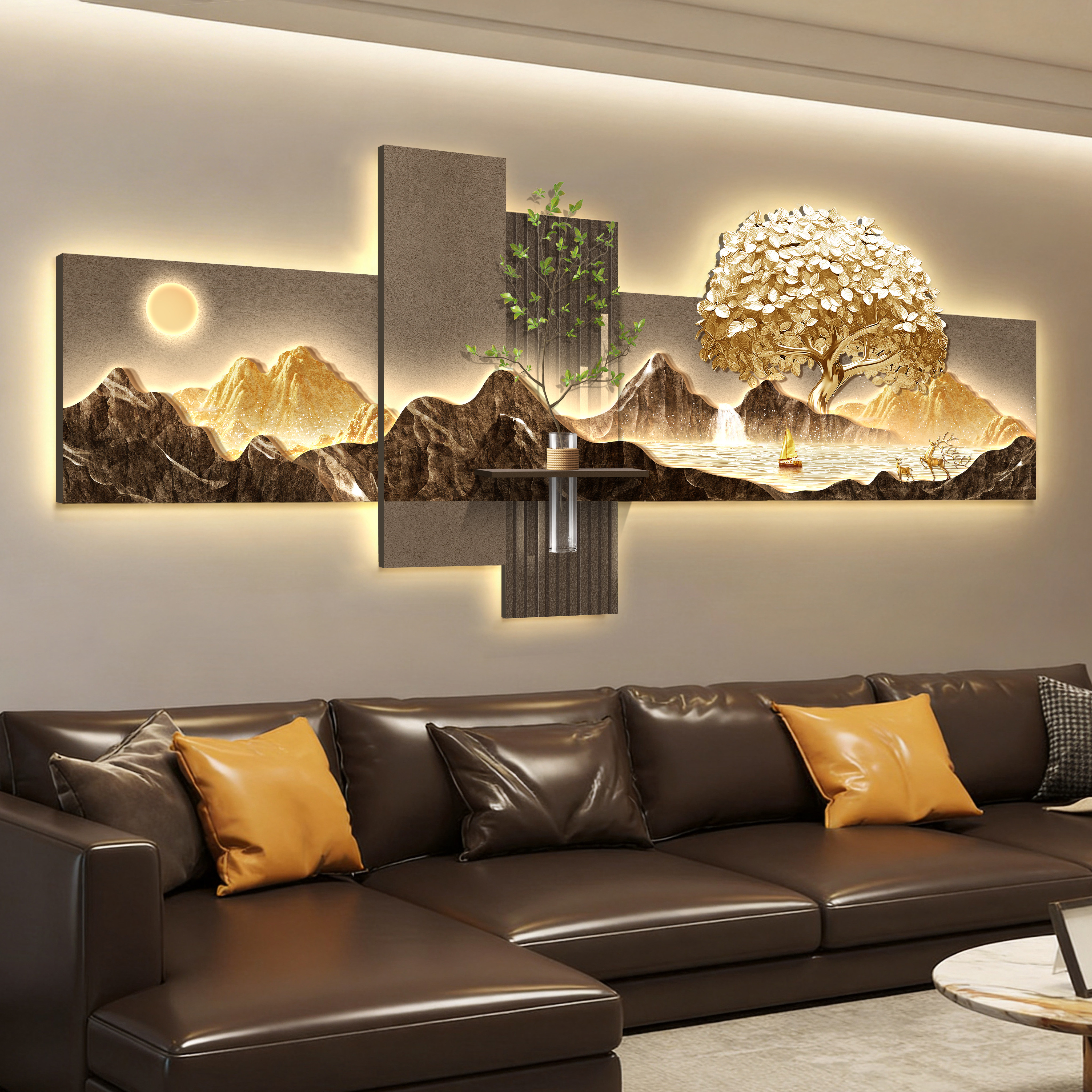 轻奢led带灯客厅装饰画沙发背景墙挂画壁画现代简约高级感山水画