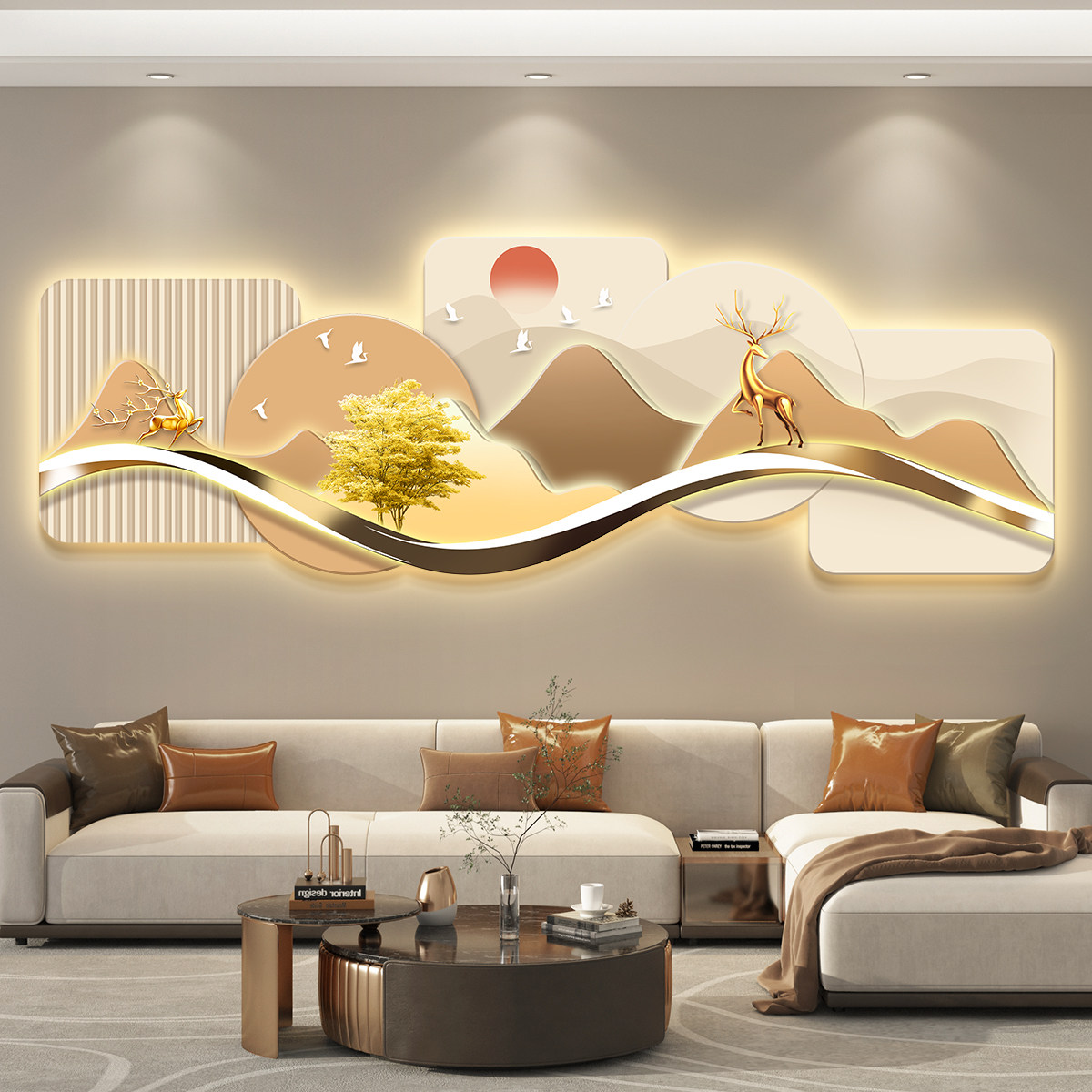 轻奢led带灯客厅装饰画沙发背景墙挂画壁画简约现代高级感山水画