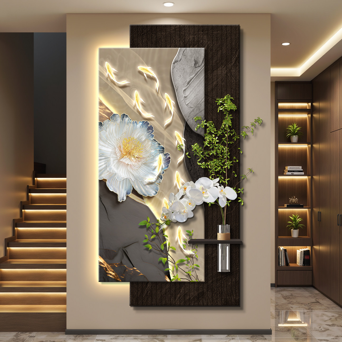 九鱼图轻奢led灯入户玄关装饰画走廊过道挂画壁画简约现代高级感