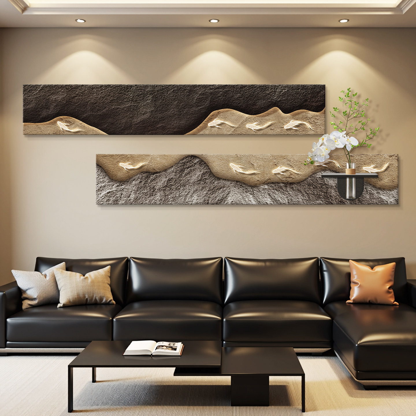 轻奢led灯客厅装饰画沙发背景墙挂画壁画简约现代高级感立体砂岩